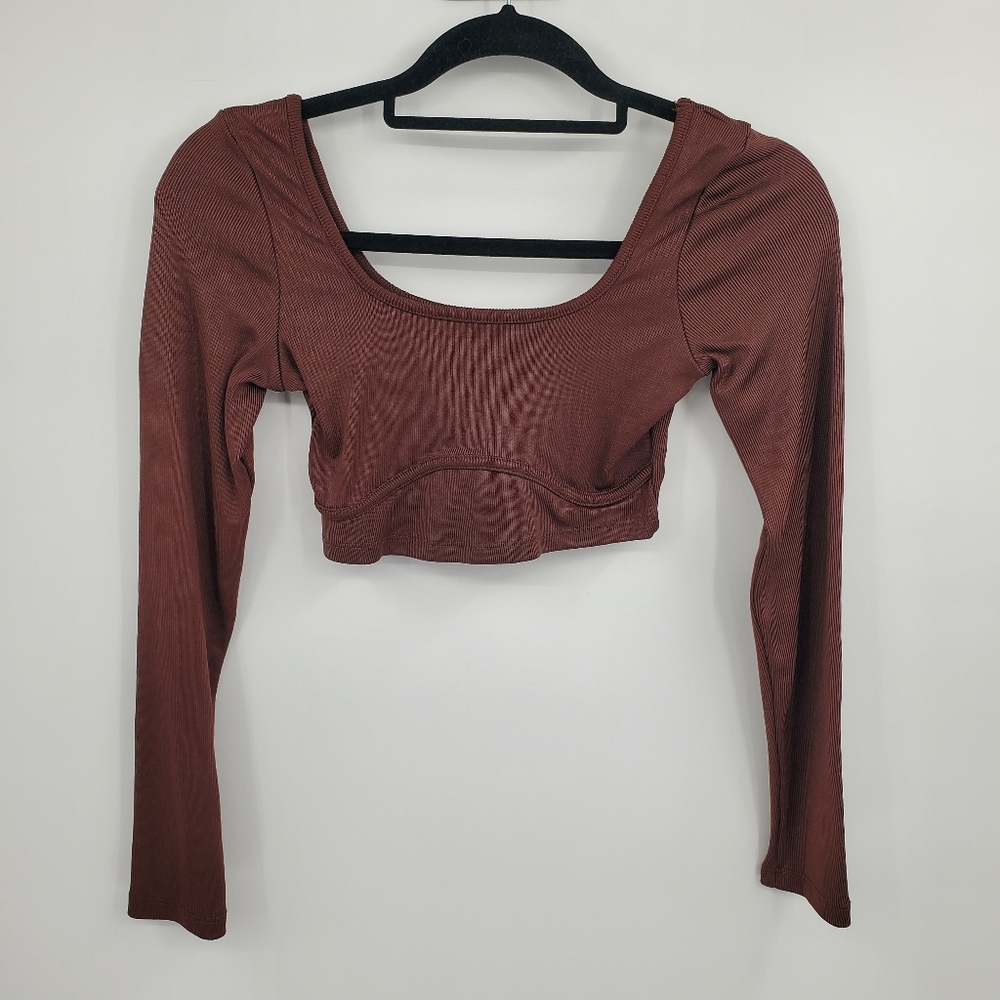 ♤ Bershka bComfy Women's Ribbed Scoop Neck Long Sleeve Brown Crop Top Size Small